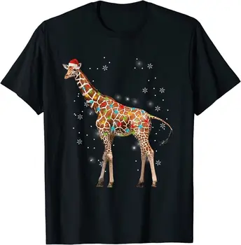 Žirafa Santa Hat Žibintai Megztinis Žirafa Kalėdų Eglutė T-Shirt