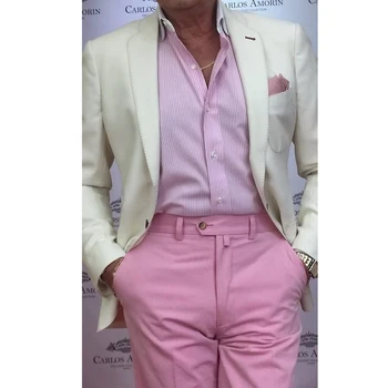 Elegantiškas Kietų Vyrų Kostiumai, Dramblio kaulo spalvos Švarkas Kelnės su Mados Žingsniu Atvartas Atsitiktinis Biuro Kelionės Dėvėti Vestuvių Jaunikis Geriausią Vyro Smokingas 2023