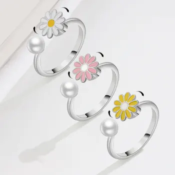 Pasirinktinis Pavadinimas Žiedas 925 Sterlingas Sidabro Mažas Daisy Besisukančio Žiedo Moterų Dizaino Prasme Gėlių Perlų Žiedas Kūrybos Lašėti Alyva, Papuošalai