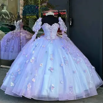 3D Floros Brangioji Quinceanera Suknelės Off Peties Appliques Gėlės Saldus 15 Gimtadienis Princesė Šalis, Chalatai Vestidos De 08 15
