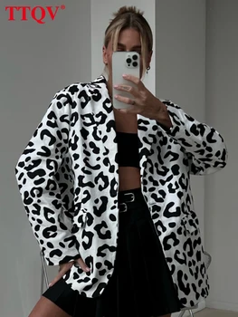 TTQV Mados Balta Leopardas Spausdinti Moterų Marškiniai 2023 Rudenį ilgomis Rankovėmis Moteriška Marškinėliai Atsitiktinis Mygtuką Kišenės Palaidinės Streetwear