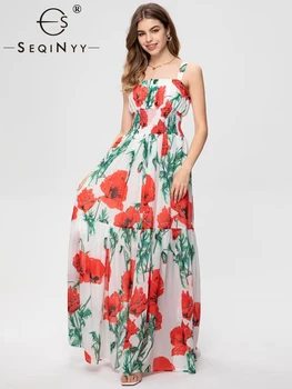 SEQINYY Elegantiška, Ilga Suknelė Vasarai Pavasarį Naują Mados Dizaino Moterų kilimo ir tūpimo Tako Gatvės Derliaus Raudonos Gėlės Spausdinti Sicilijos Šifono