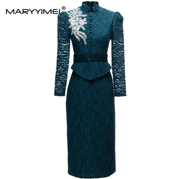 MARYYIMEI Mados Pavasario Moterų suknelė Nuolatinis apykaklės Išsiuvinėti Nėriniai zawalcowany blizgančiais Raukiniai Plonas Elegantiškas Suknelės
