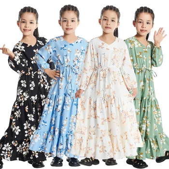 Merginos Atsitiktinis Suknelės Kaftan Islamo Vaikai Gėlės Atkreipti String Ramadanas Marokas Visą Rankovės Dubajus Arabų V Kaklo Ruffles Suknelė