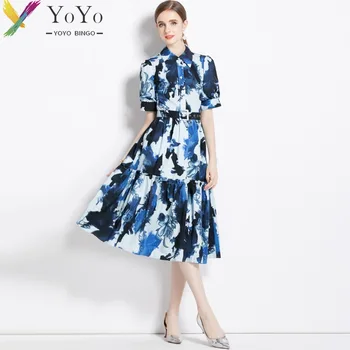 YoYo Bingo Oficialų Elegantiškas Blue Print Sluoksniuotos Rankovėmis Diržas-line, Marškinėliai Slidinėti Suknelės iki 2023 m. Rudenį Slim Bodycon Elegantiškas Šalis Suknelė