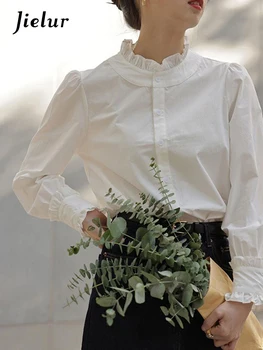 Jielur Pavasario Prancūzijos Vientisos Spalvos Lieknas Moteris, Marškinėliai, Saldus, Elegantiškas Ponios Baltoji Moteris Marškinėliai Paprastų Mados Gatvė Viršų Moteriška
