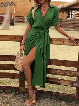 ZANZEA Moterų Mados Wrap Suknelės 2023 Vasaros trumpomis Rankovėmis Midi Suknelė Seksualus V-kaklo, Žalia Vestidos Atostogų Elegantiškas OLIS Sundress