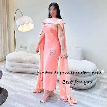 Koralų Satino Undinė Vakaro Suknelės su Žaliuoju 3D Gėlių, Prabangos arabų Dubajus Oficialus Suknelė Grindų Ilgio Keltas Suknelės, Šaliai
