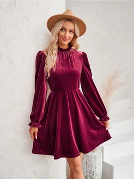 2024 Naujas Elegantiškas Retro Aksomo Trumpos Suknelės Moterims Rudenį Atsitiktinis Raudona Sluoksniuotos Rankovėmis Suknelė Mados Golfo A-line Dresses