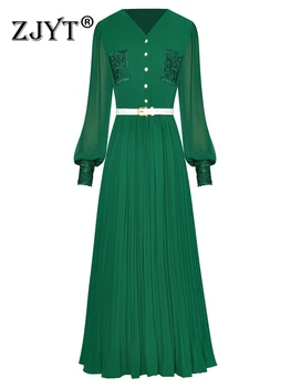 ZJYT kilimo ir tūpimo Tako Rudenį Žalia Midi Plisuotos Suknelės Moterims 2023 Elegantiškas Šalis, Vestidos De Mujer ilgomis Rankovėmis Nėrinių Diržas Atostogų Skraiste