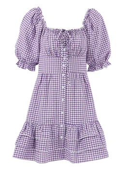 2023 Naujas Elegantiškas Retro Sluoksniuotos Rankovėmis Violetinė Pledas Mini Suknelė Summer Street Chic Vieną Krūtinėmis Linijos Suknelė Atsitiktinis Suknelės Moterims