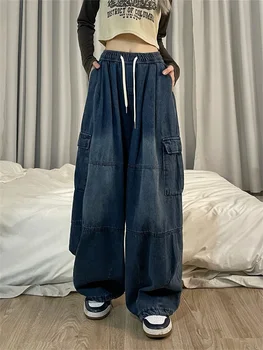 2024 m. Harajuku Vintage Blue Cargo Džinsai Moterims, Negabaritinių Y2K Grunge Juoda Plati Džinsinio audinio Kelnės Hip-Hop Streetwear Pločio Kojų Kelnės
