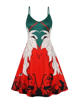 2023 Naujas Harajuku Vintage Žalia ir Raudona Spausdinti V-Kaklo Spageti Dirželis Vasaros Suknelė-Line Backless Kalėdų Moterų Suknelės, Šaliai