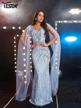 Yesexy Elegantiškas Šalis Suknelės Moterims 2023 Skydelis Tiulio Rankovėmis Šviesiai Mėlyna China Maxi Prom Undinė Vakarinę Suknelę
