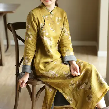 Didelio Dydžio moteriški Kinų Apranga Žiemos 2022 Kinijos liaudies Respublika, Retro Stiliaus Spausdinimo Sutirštės Pagerėjo Cheongsam Suknelė T510