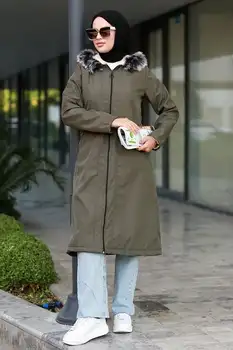 Denis Çakımlı Tesettür Mont 589 žiemos džinsinio striukė furry skrybėlę storio šaltai musulmonų ilga suknelė moterims Dubajus turkijos kerch