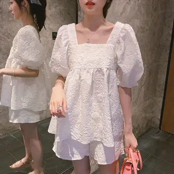 Korėjos Vasara Dviejų dalių Rinkinys Moterims Sluoksniuotos Rankovėmis Saldus Balti Marškinėliai, Topai, šortai Marškinėliai Kostiumas Femme Rinkiniai