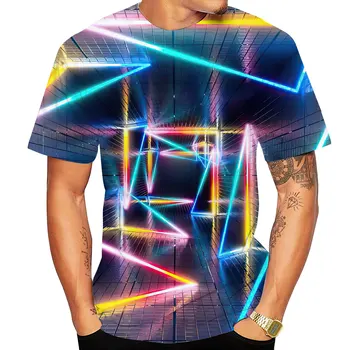 Vasarą Vyrai Derliaus Optikos Vizija T-shirt Apvalus Kaklas Street 3d Geometrinis Modelis trumpomis Rankovėmis Negabaritinių Marškinėliai Vyrams Streetwear