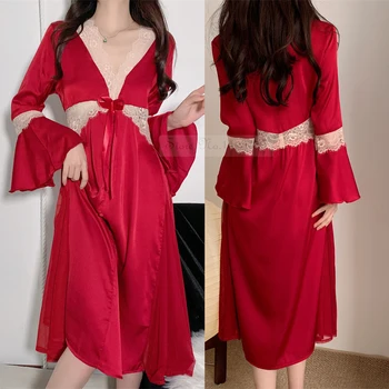 Pižamą Nauja Pavasario Vasaros Sleepwear Chalatas Seksuali Moteris Ilgai Nightdress Elegantiškas Prancūzų Stiliaus Sleepshirt Atsitiktinis Satino Homewear