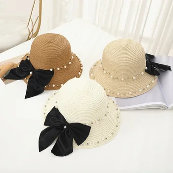 Vasarą suaugusiųjų atsitiktinis šiaudų skrybėlę Pearl kalnų krištolas Saulės skrybėlę Moterų Paplūdimio atostogų, Saulės, Lankas, Kaspinas laisvalaikio bžūp
