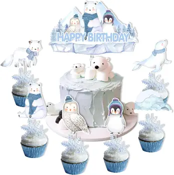 Arkties Poliarinių Gyvūnų Happy Birthday Cake Toppers Dekoro Žiemos Gyvūnų Gimtadienio Kūdikio Dušas Šalis Papuošalai